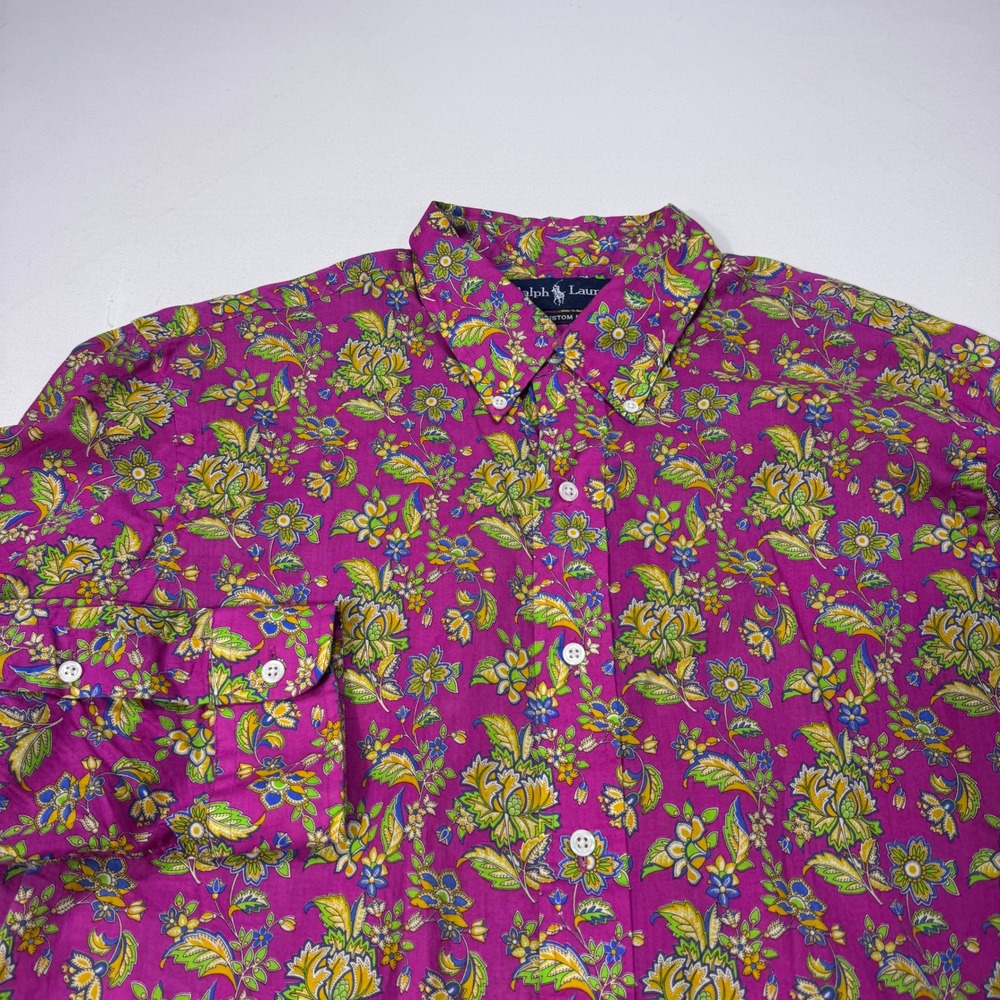 Ralph Lauren Mens Large Custom Fit Floral Button Down Shirt Pink Cotton VTG